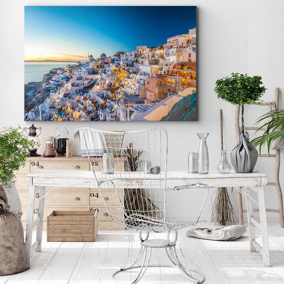 Schilderen op canvas - Uitzicht op een Griekse stad bij zonsondergang - 70x50cm - De essentie van Grieksheid - Moderne wanddecoratie voor woonkamer en slaapkamer ARTTOR