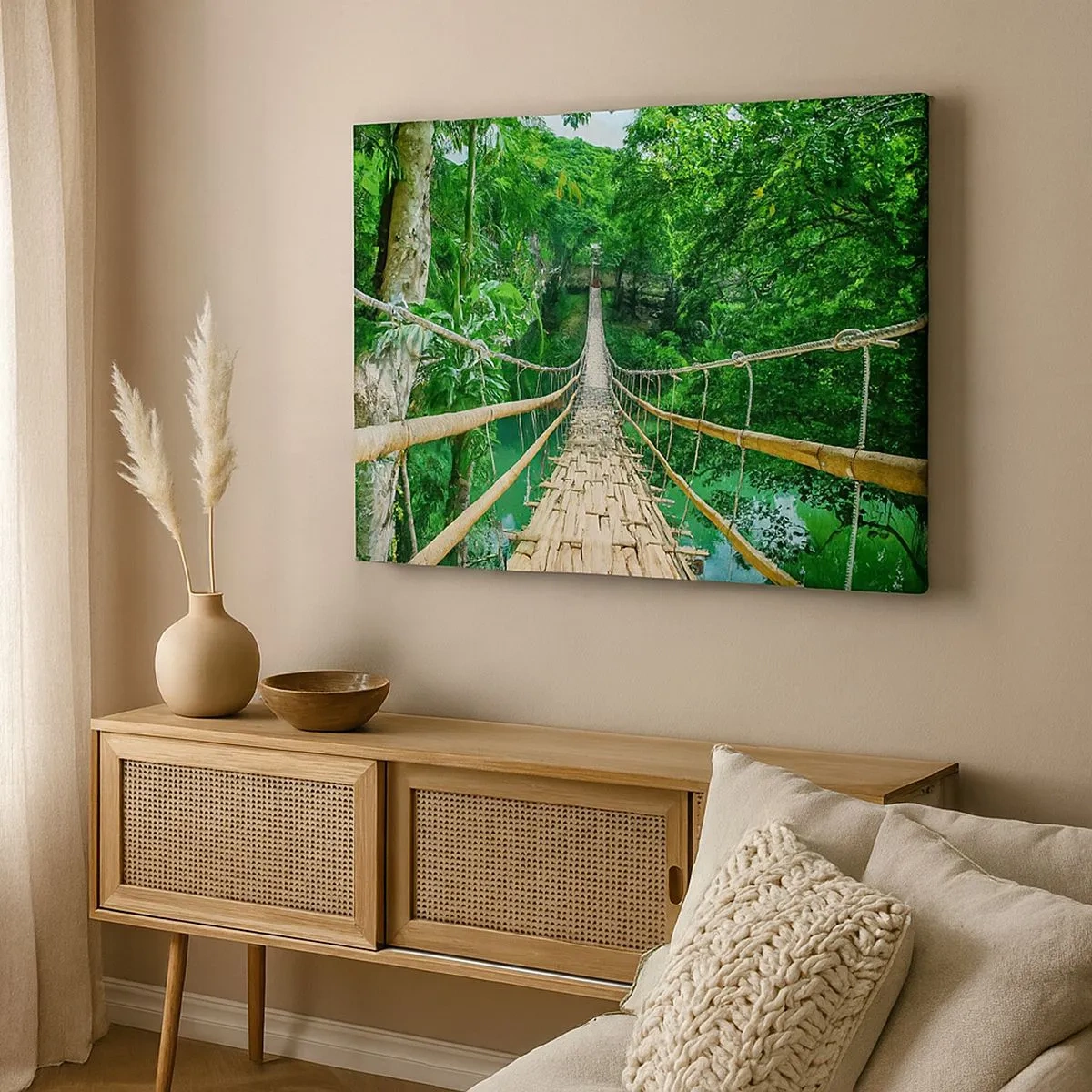 Schilderen op canvas - Een hangende bamboebrug omgeven door groen - 70x50cm - Apenbrug over de green - Moderne wanddecoratie voor woonkamer en slaapkamer ARTTOR