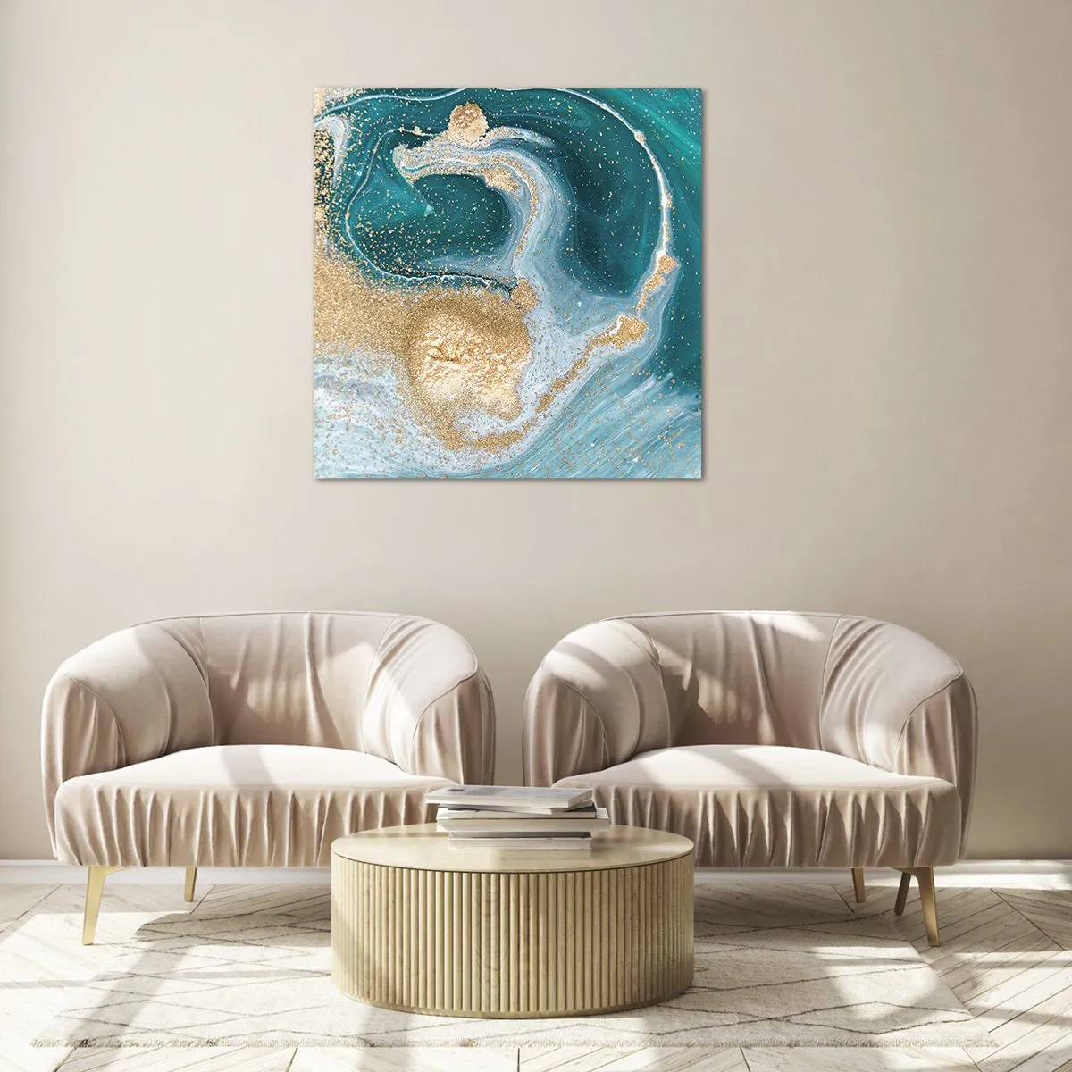 Schilderen op glas - Een werveling van goud en turkoois - 70x70 cm