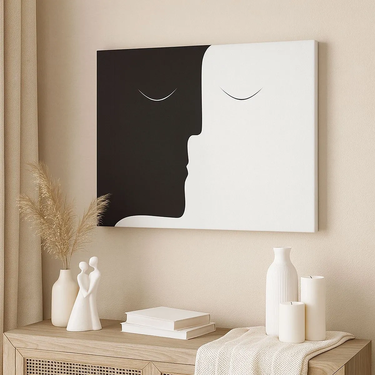 Schilderen op canvas - Een minimalistisch silhouet van twee gezichten in contrasterende kleuren. - 70x50cm - Eenheid van tegenstellingen - Moderne wanddecoratie voor woonkamer en slaapkamer ARTTOR