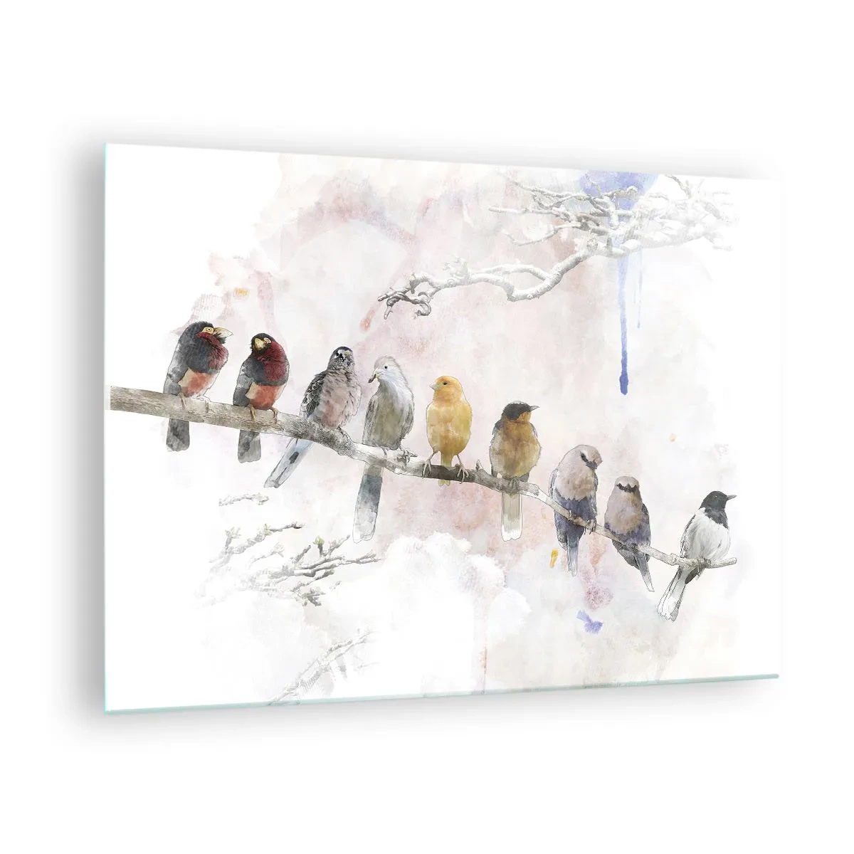 Schilderen op glas - Kleurrijke vogels op een tak in schilderachtige stijl - 70x50cm - Gevleugelde ontmoeting - Moderne wanddecoratie voor woonkamer en slaapkamer ARTTOR