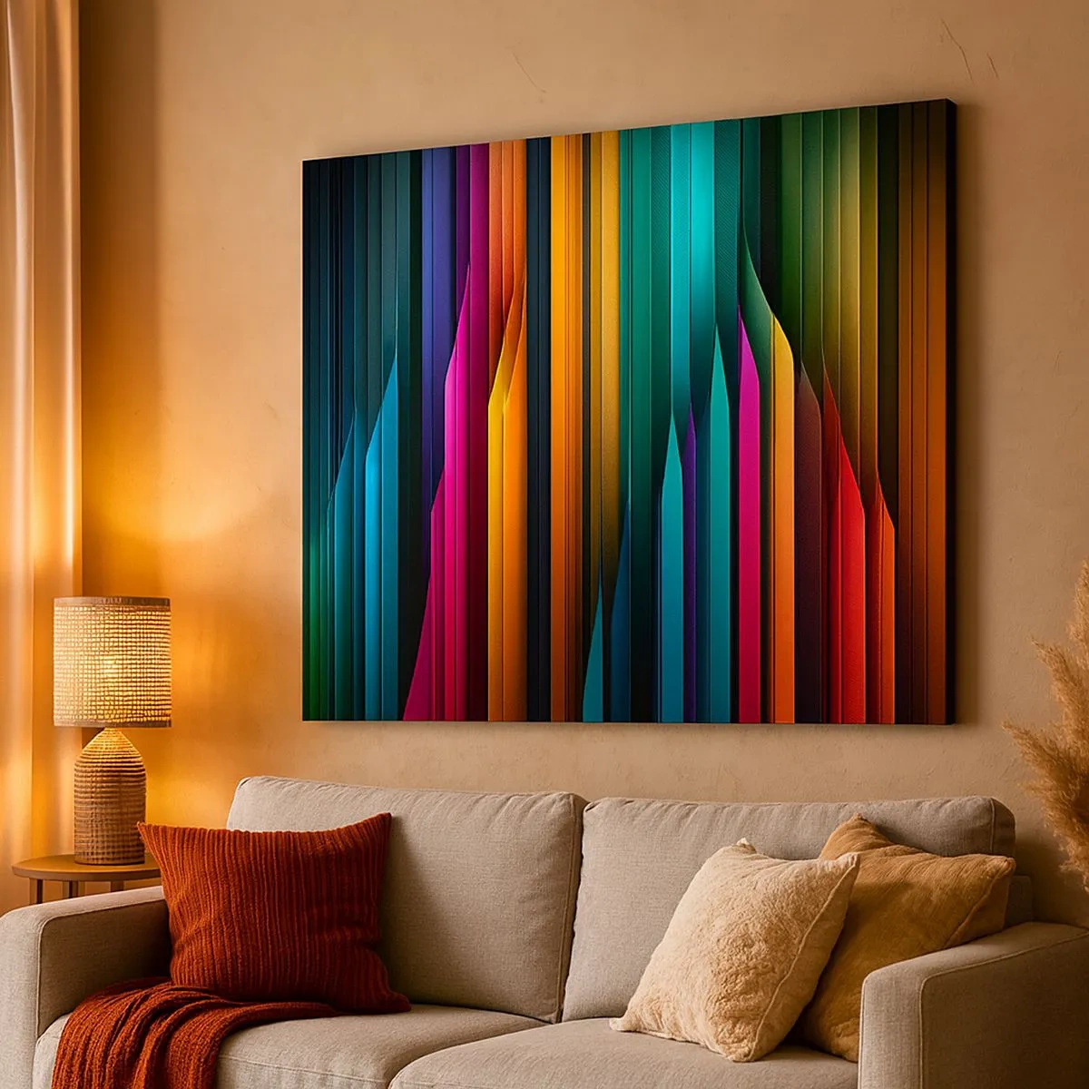 Schilderen op canvas - Kleurrijke verticale lijnen creëren een dynamische abstractie. - 70x50cm - Lichtorgel - Moderne wanddecoratie voor woonkamer en slaapkamer ARTTOR