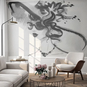 Fotobehang Standard Eco - Een dame met karakter - Vrouw In Een Hoed, Het gezicht van de vrouw, Zwart en wit - 350x256 cm