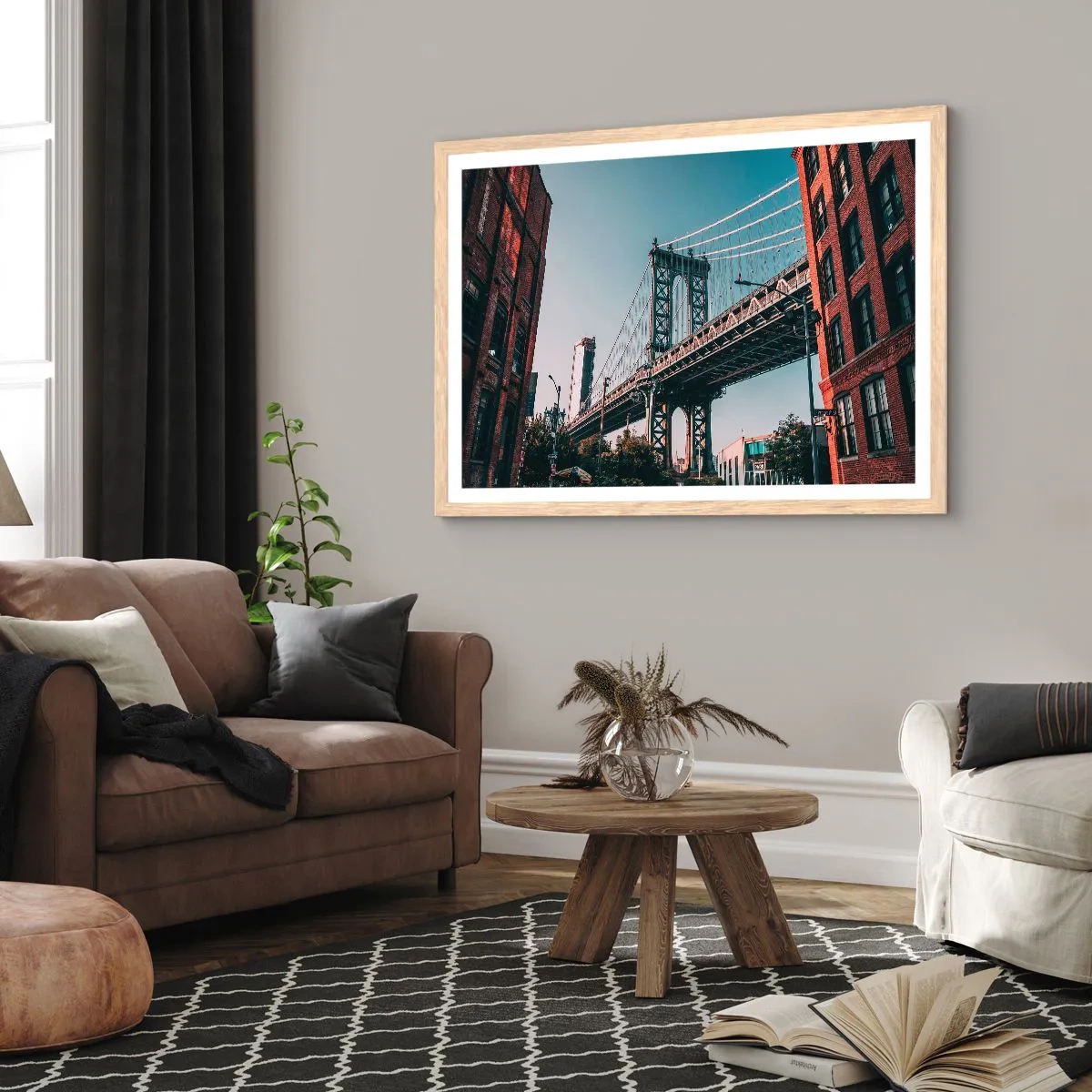 Een poster in een licht eiken lijst - Over de golven van de stad - 100x70 cm