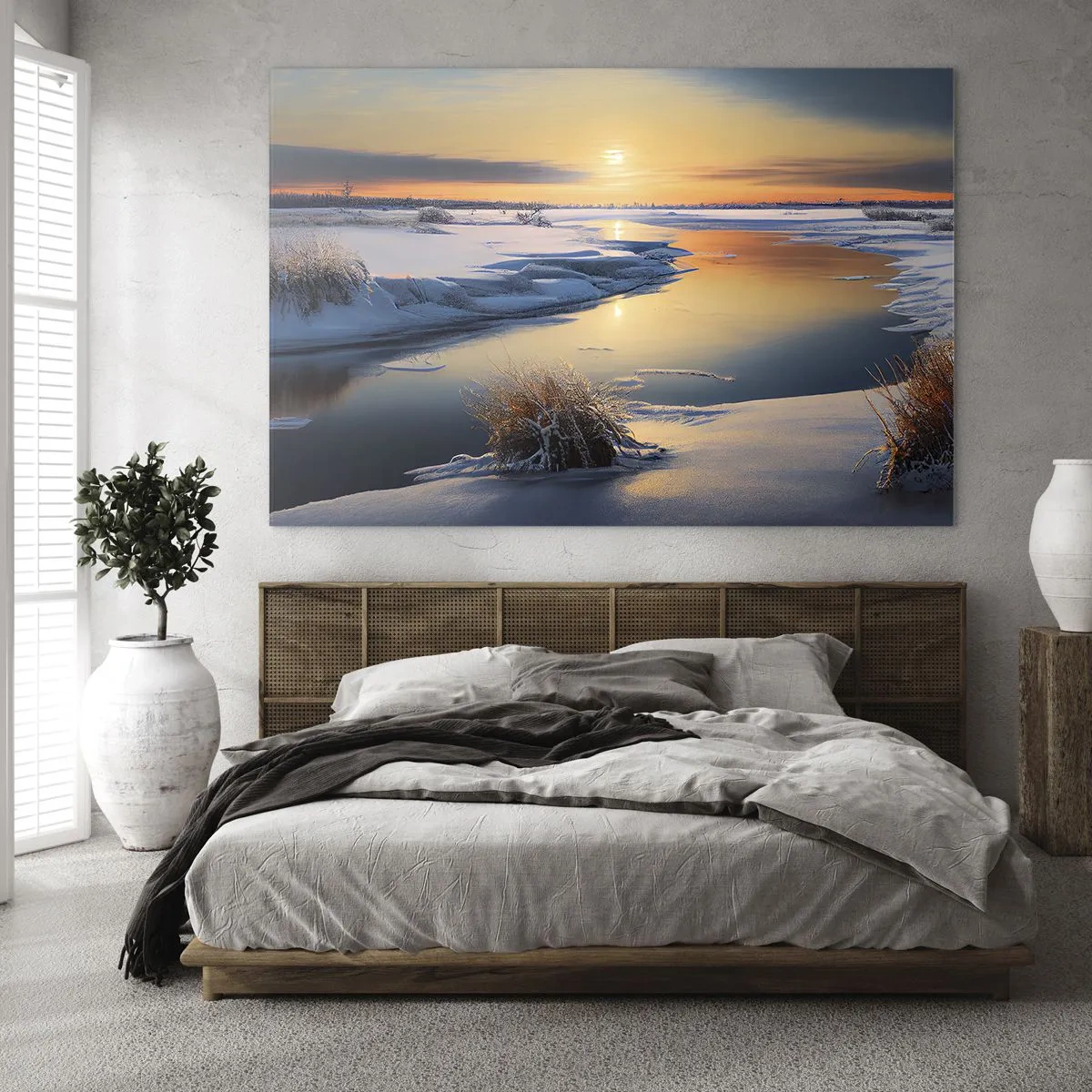 Schilderen op glas - Winterlandschap met zonsondergang boven een bevroren rivier - 70x50cm - Winterse zonsondergang - Moderne wanddecoratie voor woonkamer en slaapkamer ARTTOR