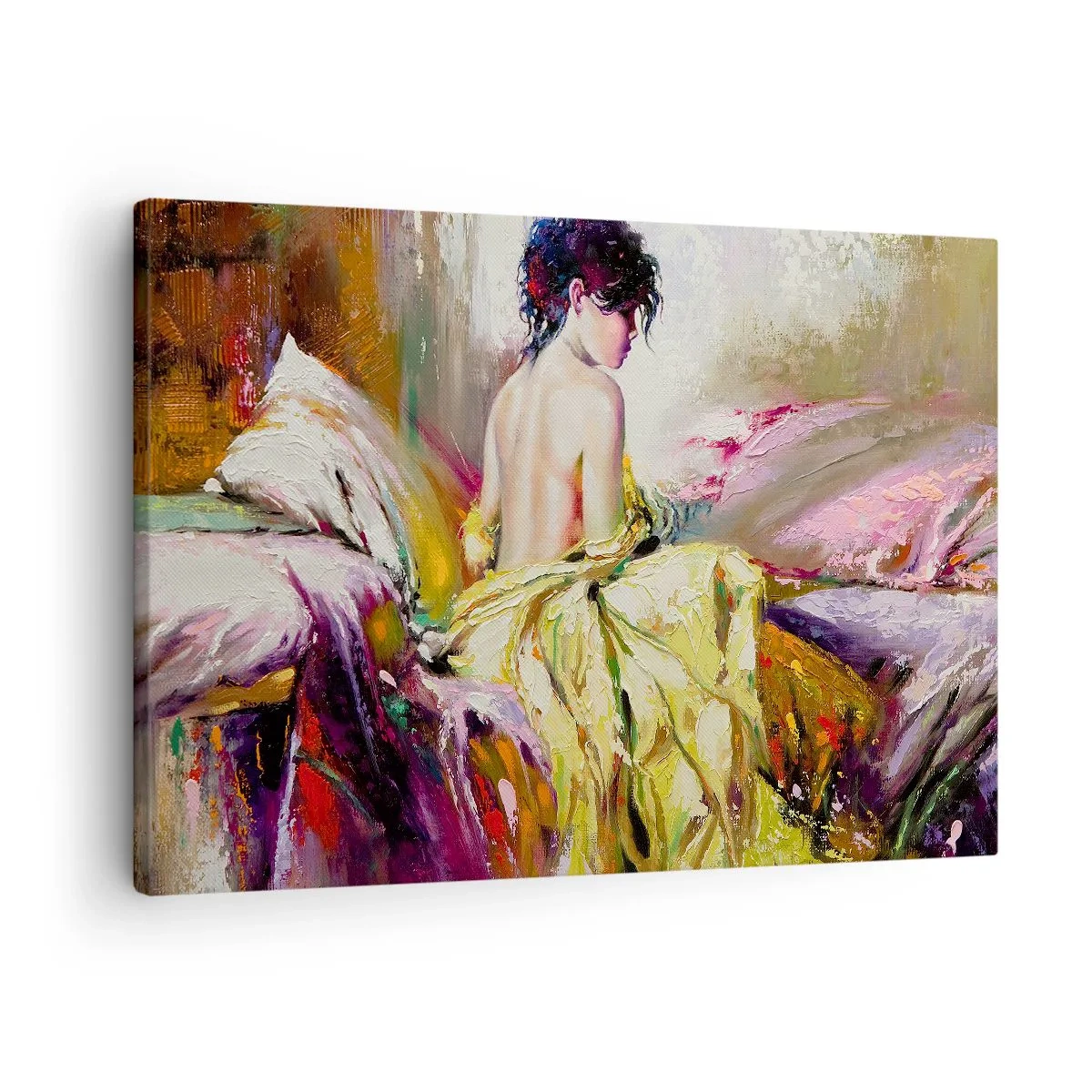 Schilderen op canvas - Een schilderachtige scène van een vrouw op een bed in een romantische sfeer - 70x50cm - Tussen de lippen en de rand van de cup - Moderne wanddecoratie voor woonkamer en slaapkamer ARTTOR
