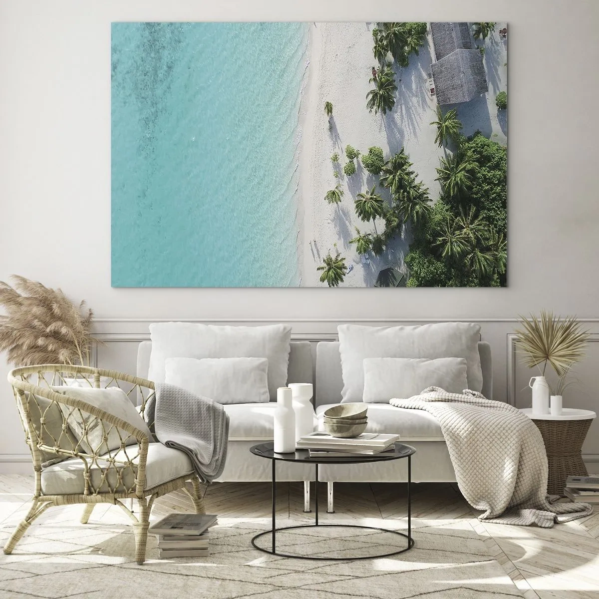 Schilderen op glas - Een vogelperspectief van een tropisch strand met palmbomen en een turquoise zee - 70x50cm - Een vakantie in het paradijs - Moderne wanddecoratie voor woonkamer en slaapkamer ARTTOR