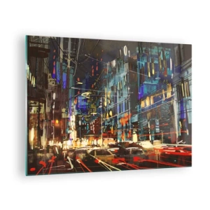 Schilderen op glas - Avondstadsstraat met neonlichten en verkeer - 70x50cm - Avonddrukte op straat - Moderne wanddecoratie voor woonkamer en slaapkamer ARTTOR