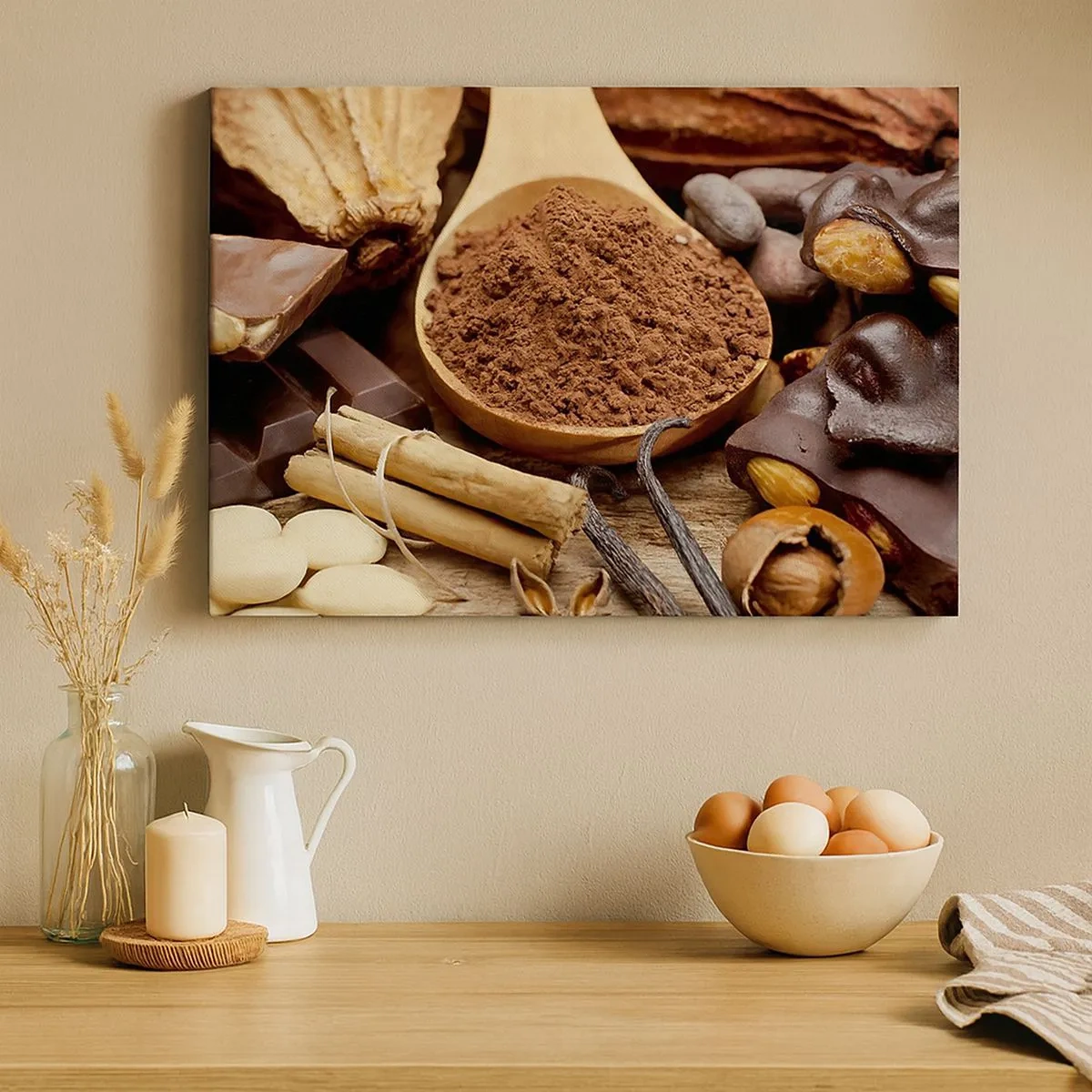 Schilderen op canvas - Een lepel cacao- en chocolade-ingrediënten in een rustieke opstelling - 70x50cm - Het beste voor verdriet - Moderne wanddecoratie voor woonkamer en slaapkamer ARTTOR