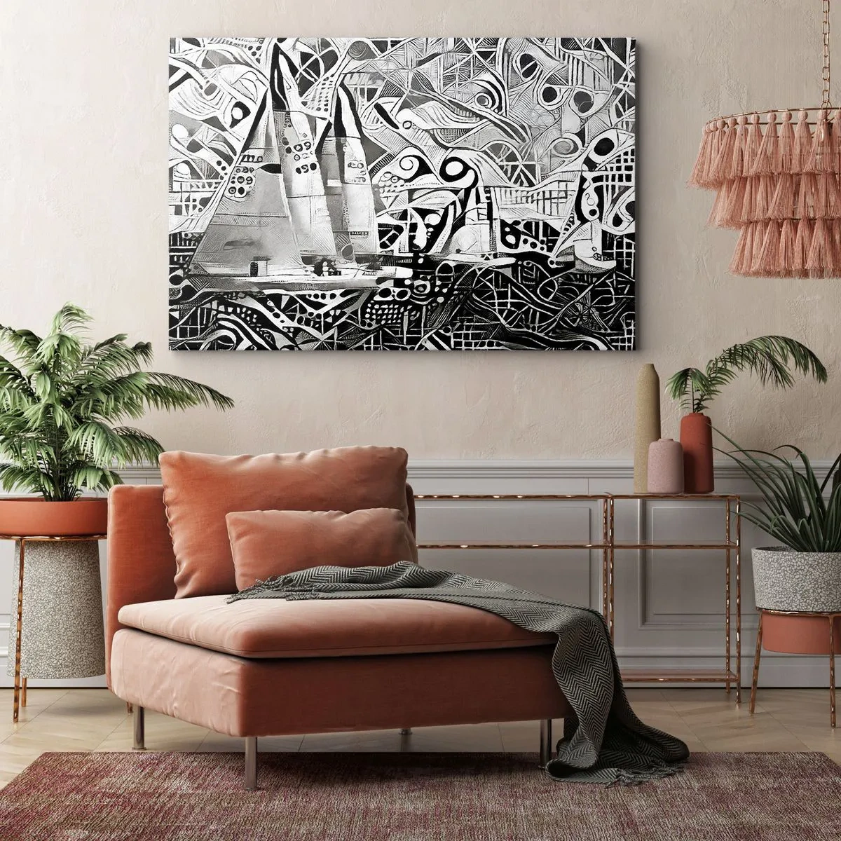 Schilderen op canvas - Abstracte zeilboten in een monochrome compositie - 70x50cm - Tussen de golven - Moderne wanddecoratie voor woonkamer en slaapkamer ARTTOR