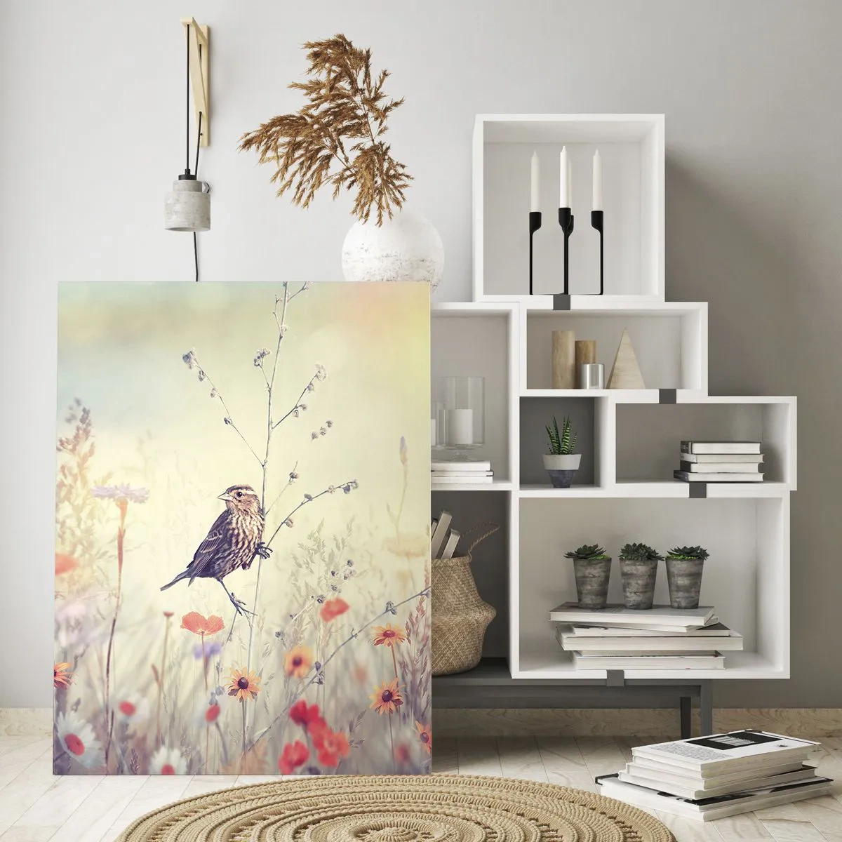 Schilderen op glas - Vogelportret met een weiland op de achtergrond - 50x70 cm