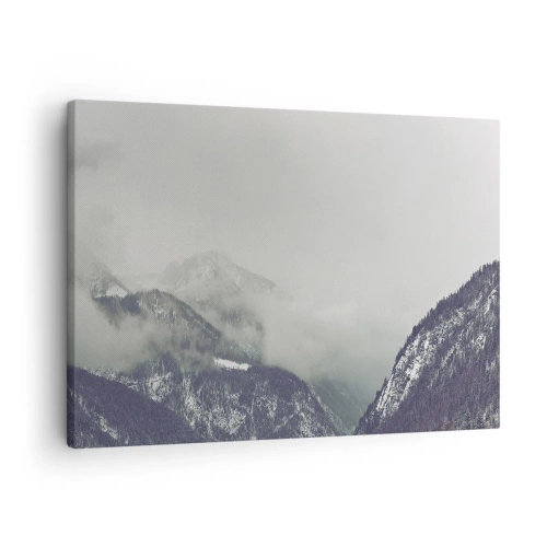 Schilderen op canvas - Een bergdal gehuld in mist in grijstinten - 70x50cm - Mistige vallei - Moderne wanddecoratie voor woonkamer en slaapkamer ARTTOR