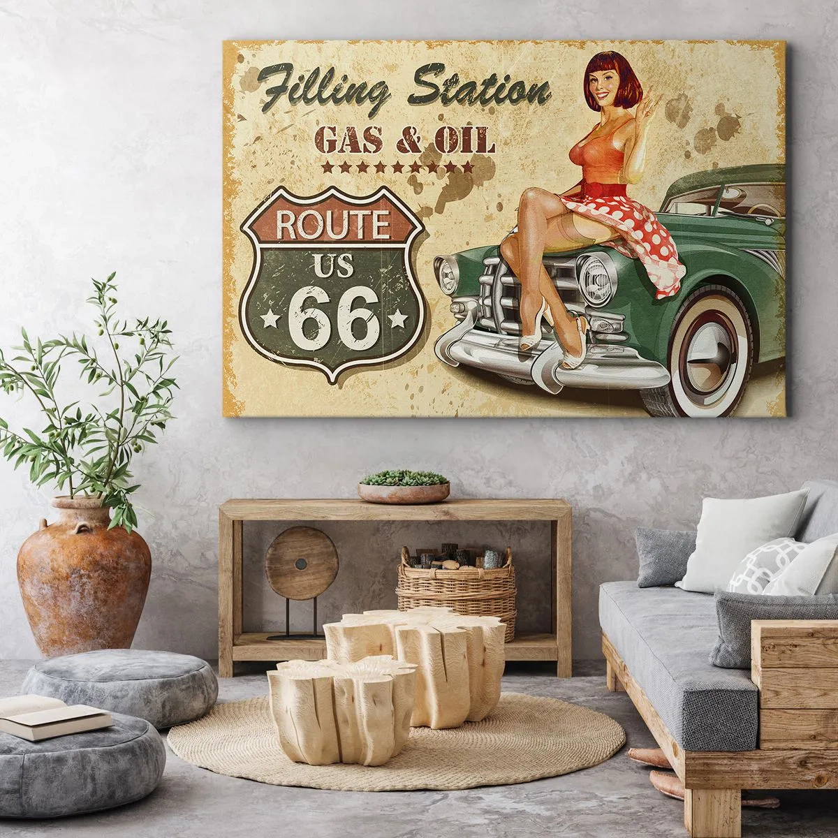 Schilderen op canvas - Retro Route 66-poster met pin-upgirl en auto - 70x50cm - De grote jaren 40. - Moderne wanddecoratie voor woonkamer en slaapkamer ARTTOR