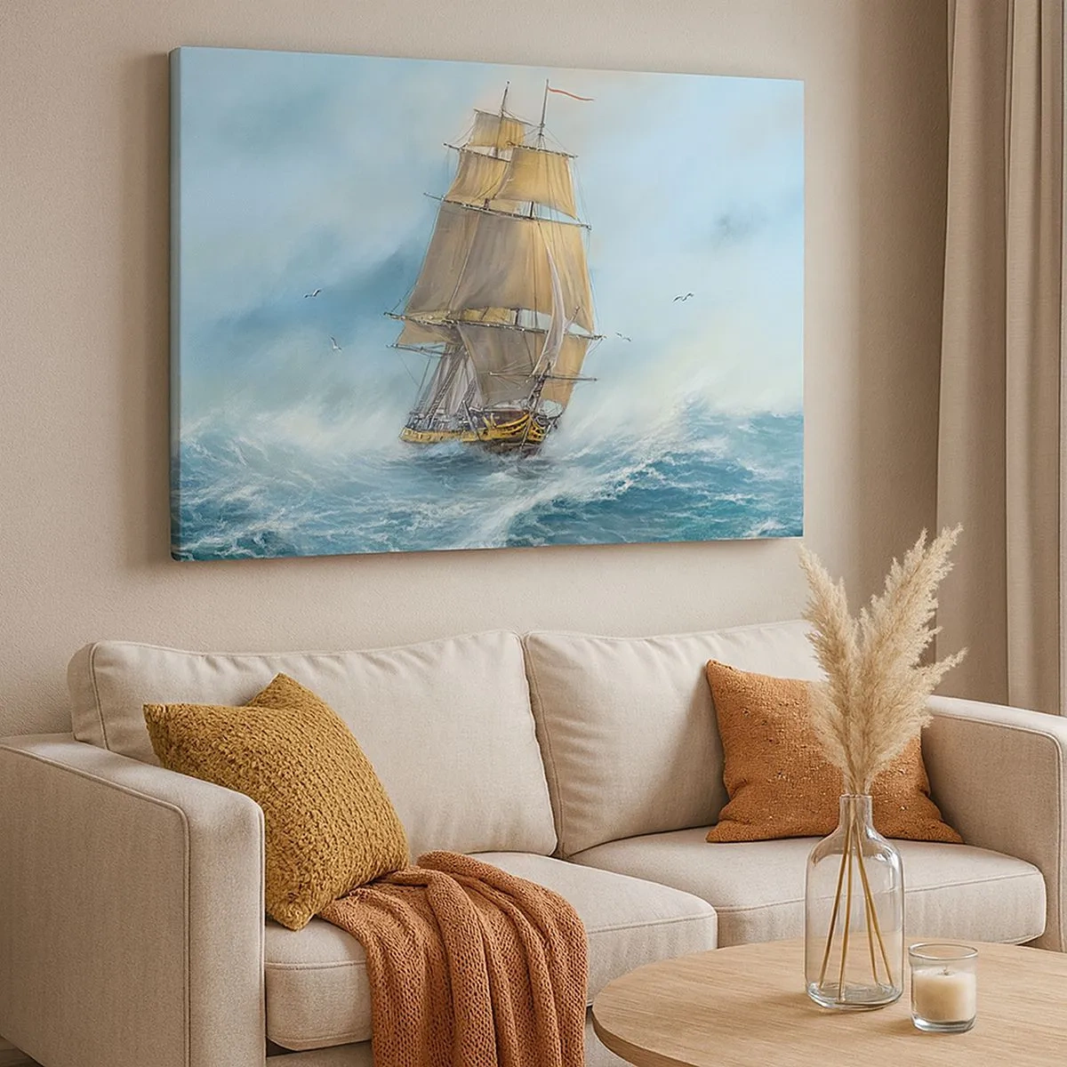 Schilderen op canvas - Een zeilschip op een stormachtige zee - 70x50cm - Haasten over de golven - Moderne wanddecoratie voor woonkamer en slaapkamer ARTTOR