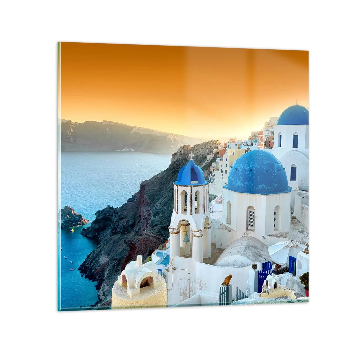 Schilderen op glas - Santorini - genesteld tegen de rotsen - 50x50 cm