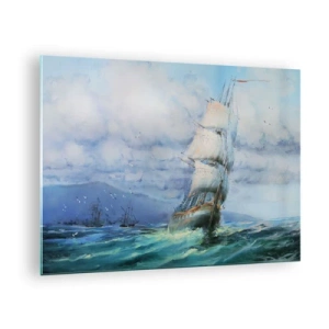 Schilderen op glas - Een schip met zeilen dat op een stormachtige zee onder een bewolkte hemel vaart - 70x50cm - Goede wind - Moderne wanddecoratie voor woonkamer en slaapkamer ARTTOR
