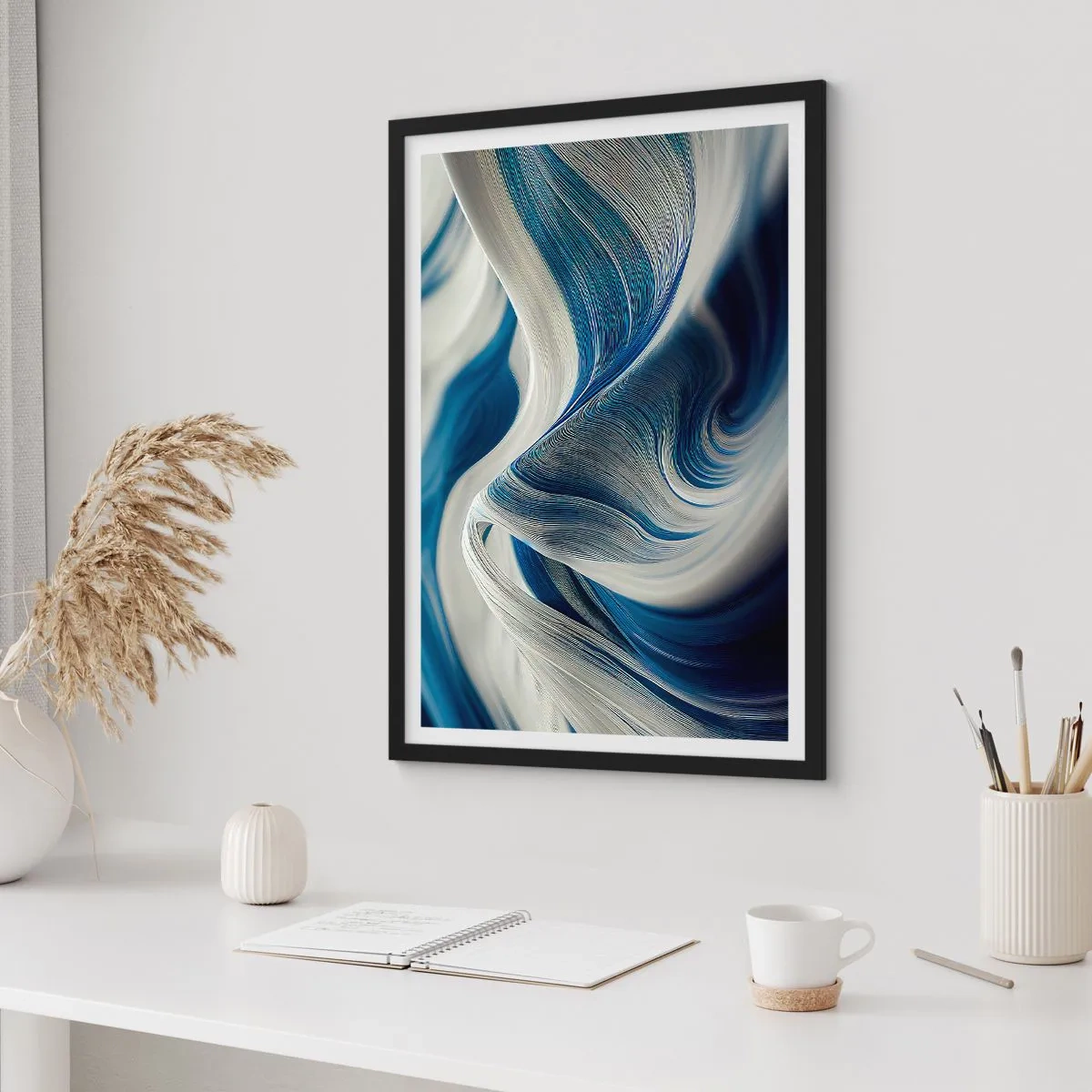 Poster in een zwarte lijst - Abstracte golven in tinten marineblauw en wit - 50x70cm - De vloeibaarheid van blauw en wit - Moderne wanddecoratie voor woonkamer en slaapkamer ARTTOR