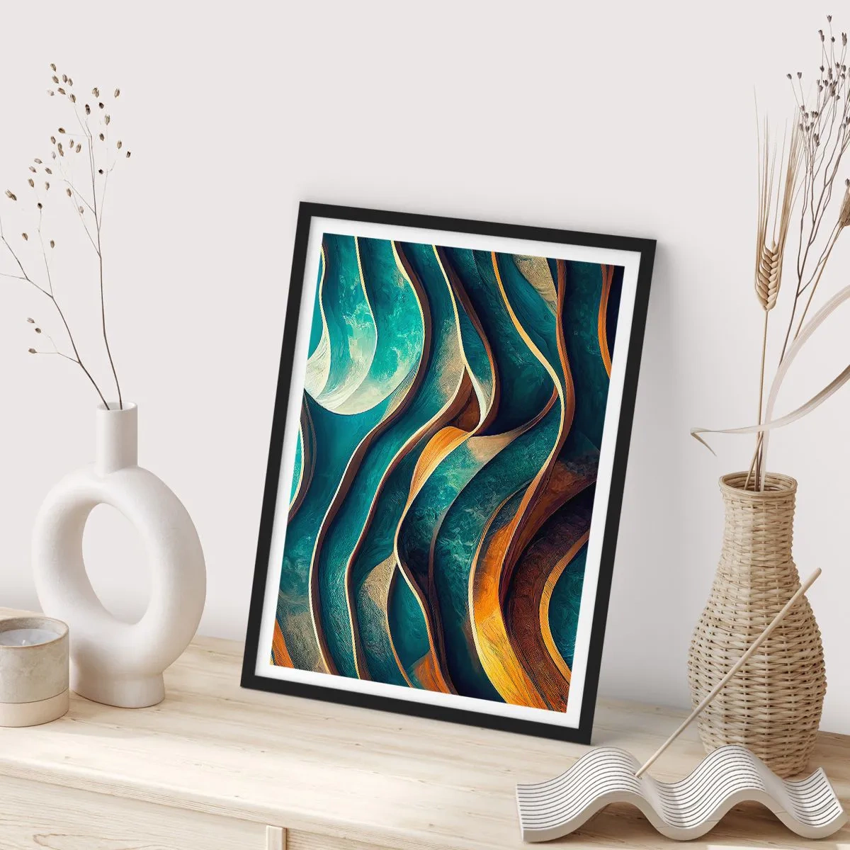 Poster in een zwarte lijst - Een abstracte compositie van golvende vormen in turquoise tinten. - 50x70cm - Meanders van blauw - Moderne wanddecoratie voor woonkamer en slaapkamer ARTTOR