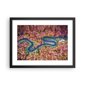 Poster in een zwarte lijst - Een kronkelende weg door het bos - 40x30 cm