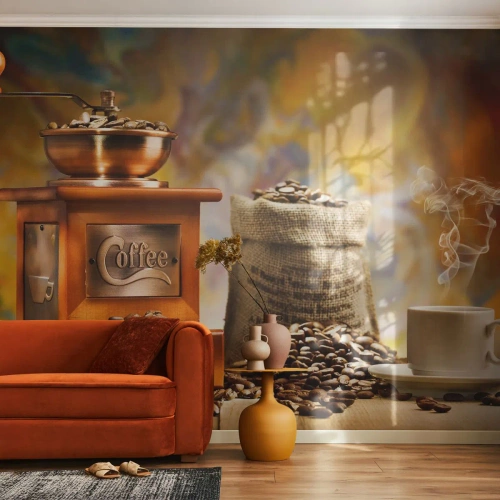 Fotobehang Premium Sand - Het knarsen van granen, het geratel van een grinder - Gastronomie, Koffie, Koffiemolen - 250x175 cm