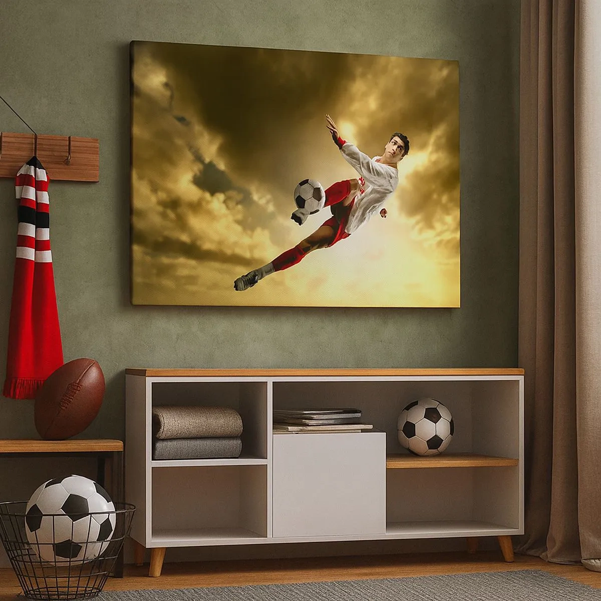 Schilderen op canvas - Een voetballer in een dynamische sprong die de bal tegen de lucht schiet - 70x50cm - Voetbal hemel - Moderne wanddecoratie voor woonkamer en slaapkamer ARTTOR
