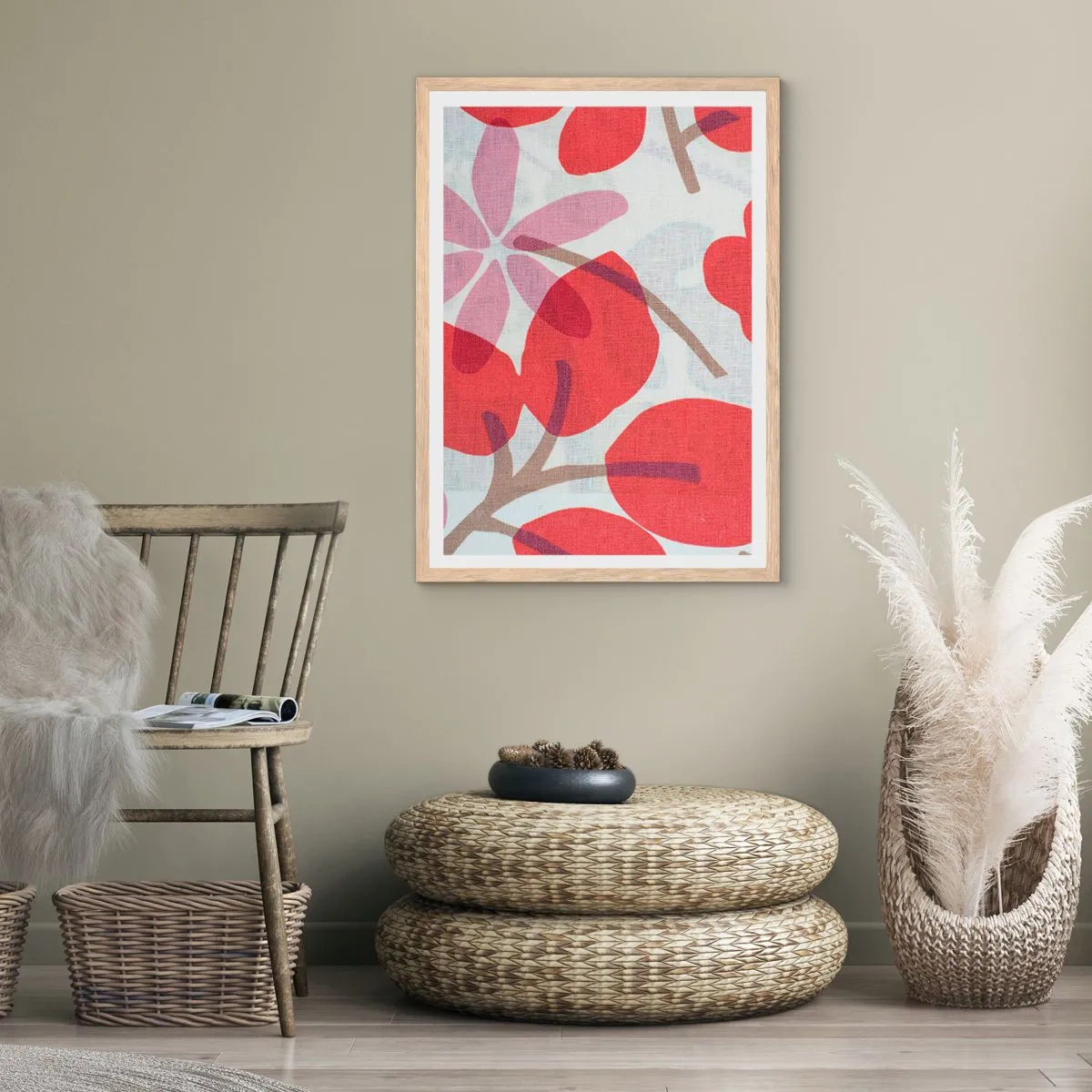 Een poster in een licht eiken lijst - Bloemstuk in roze - 70x100 cm