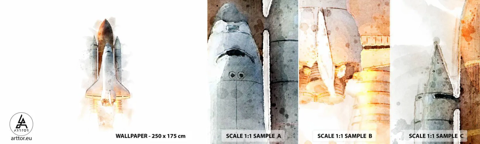 Fotobehang Staaltje Standard Eco - Ontdekkingsreizigers, aan de slag - Een ruimteraket, Kosmos, Minimalisme - 100x30 cm