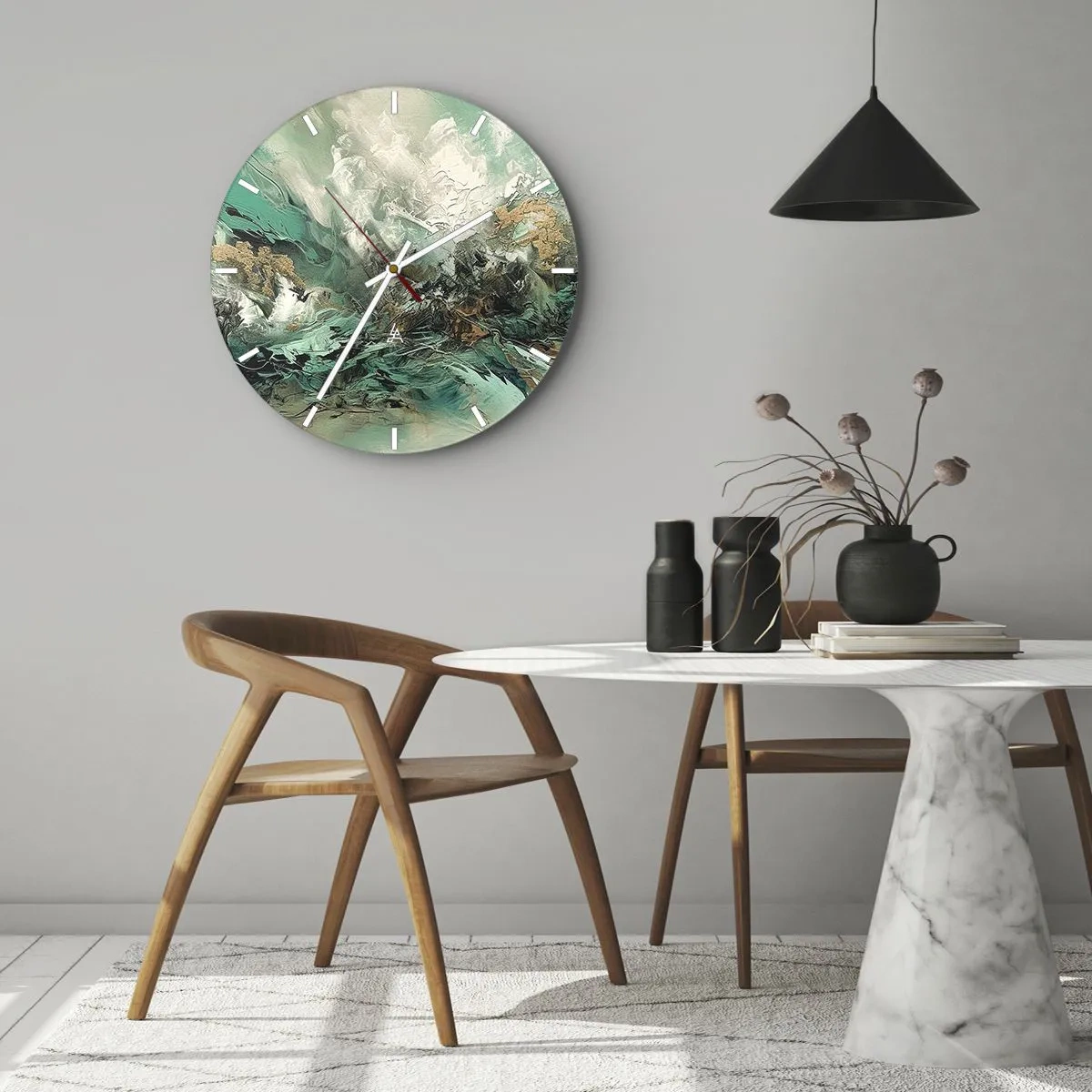 Wandklok - Klok - Dynamische abstractie in groen, wit en goud - 30x30cm - Emerald en zwarte branding - Moderne wanddecoratie voor woonkamer, keuken en slaapkamer ARTTOR