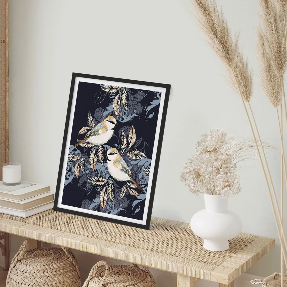 Poster in een zwarte lijst - Twee vogels tegen een achtergrond van decoratieve bladeren en ornamenten - 50x70cm - Geel-blauwe triller - Moderne wanddecoratie voor woonkamer en slaapkamer ARTTOR