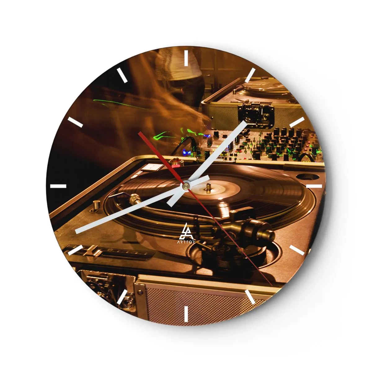 Wandklok - Klok - DJ draaitafel en mixer met dynamische verlichting - 30x30cm - Voel je de kracht? - Moderne wanddecoratie voor woonkamer, keuken en slaapkamer ARTTOR