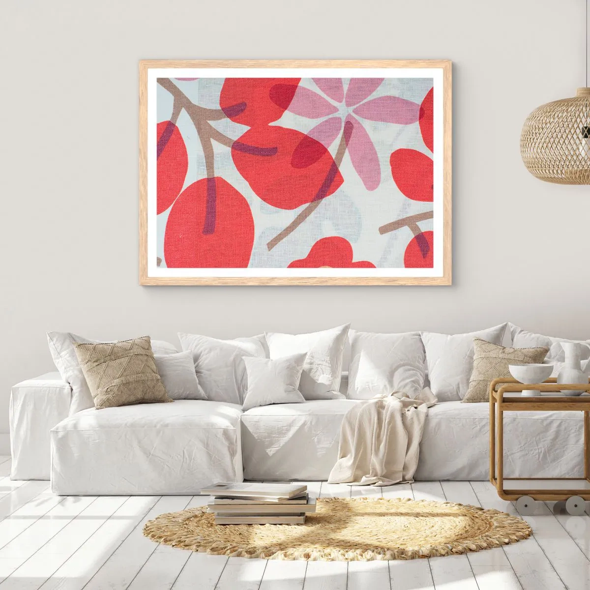 Een poster in een licht eiken lijst - Bloemstuk in roze - 91x61 cm