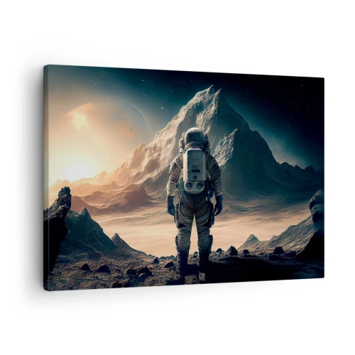 Schilderen op canvas - Astronaut tegen de achtergrond van majestueuze bergen - 70x50cm - Nieuwe uitdaging - Moderne wanddecoratie voor woonkamer en slaapkamer ARTTOR