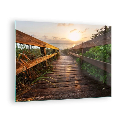 Schilderen op glas - Houten loopbrug naar het strand bij zonsondergang - 70x50cm - En direct naar de kust - Moderne wanddecoratie voor woonkamer en slaapkamer ARTTOR