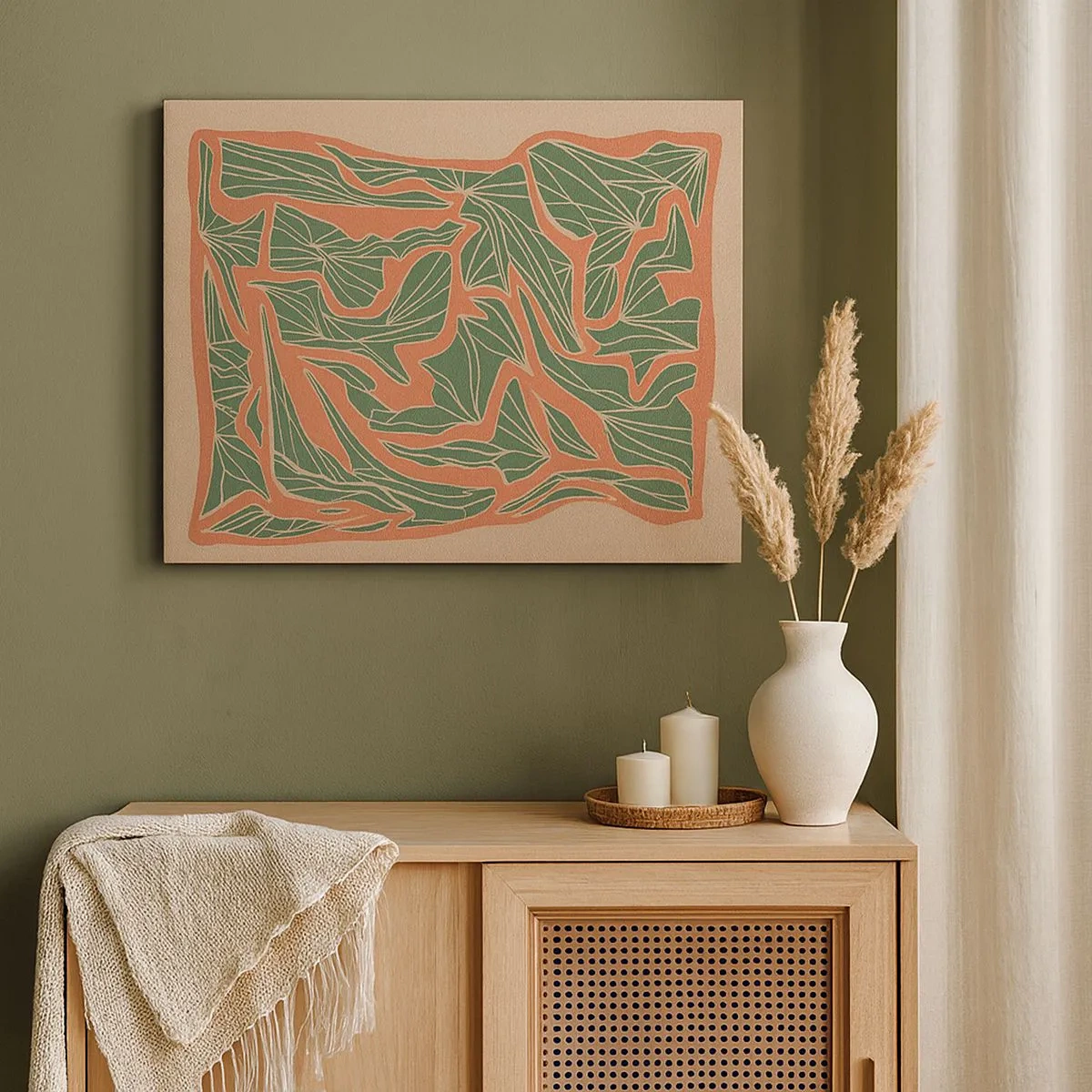 Schilderen op canvas - Een plantenpatroon in tinten groen en oranje - 70x50cm - De strijd tussen koraal en groen - Moderne wanddecoratie voor woonkamer en slaapkamer ARTTOR