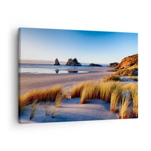 Schilderen op canvas - Een pittoresk strand met uitzicht op de rotsen en de zee bij zonsondergang - 70x50cm - Voor rustzoekers - Moderne wanddecoratie voor woonkamer en slaapkamer ARTTOR