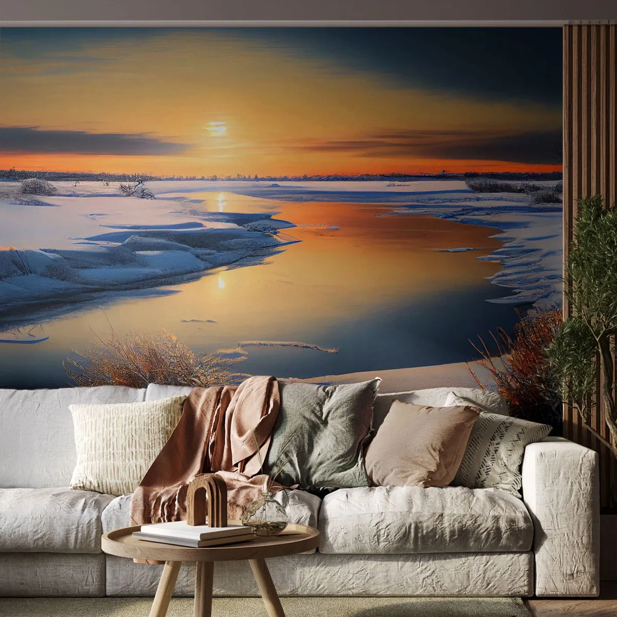 Fotobehang Premium Canvas - Winterse zonsondergang - Winter, Rivier, Landschap - 400x280 cm