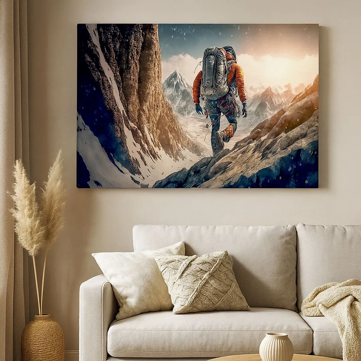 Schilderen op canvas - Een klimmer op een bergpad in een winterlandschap - 70x50cm - Eenzame strijder - Moderne wanddecoratie voor woonkamer en slaapkamer ARTTOR