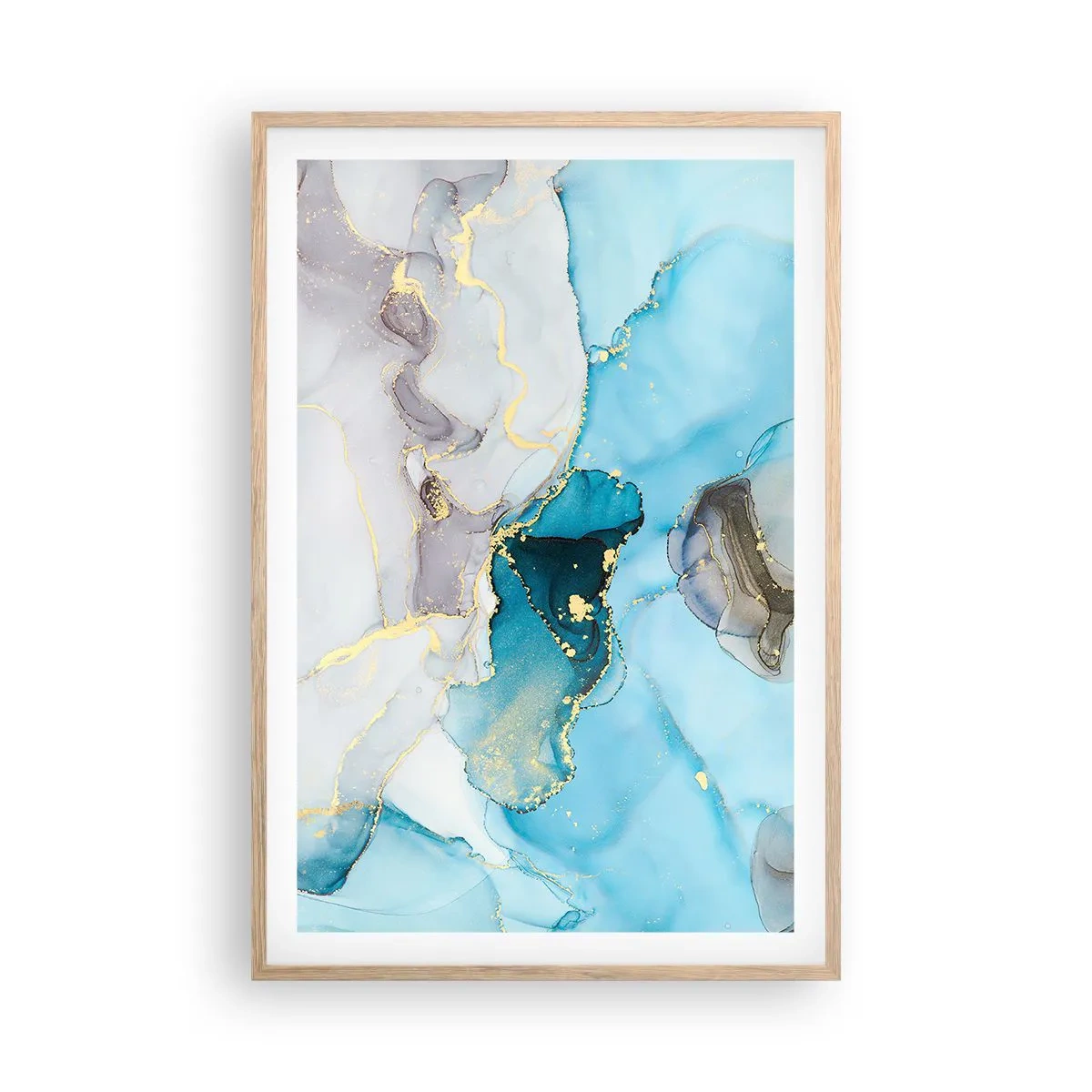 Een poster in een licht eiken lijst - Een studie van de ontmoeting van grijs en turkoois - 61x91 cm