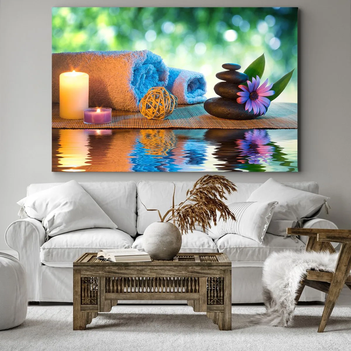 Schilderen op canvas - Ontspannende SPA-set met handdoeken, kaarsen en stenen - 70x50cm - Tijd voor het lichaam - Moderne wanddecoratie voor woonkamer en slaapkamer ARTTOR