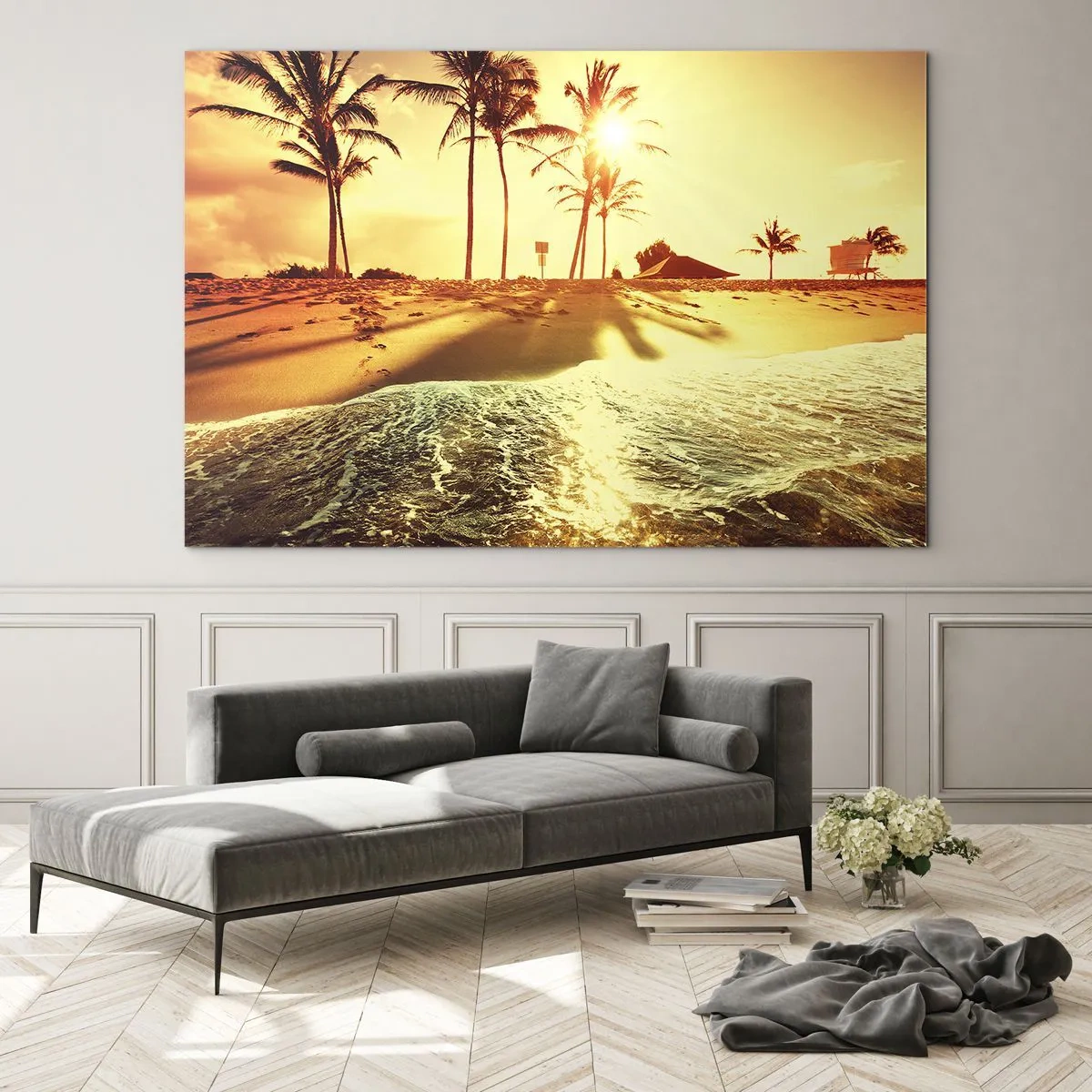 Schilderen op glas - Goudkleurig strand met palmbomen bij zonsondergang en een kalme zee - 70x50cm - Californië middag - Moderne wanddecoratie voor woonkamer en slaapkamer ARTTOR