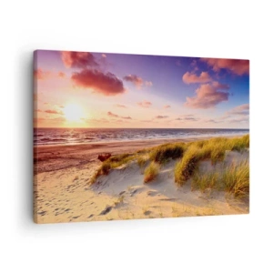 Schilderen op canvas - Een grasachtig strand en een zonsondergang boven een kalme zee - 70x50cm - De lucht ruikt al in de zomer - Moderne wanddecoratie voor woonkamer en slaapkamer ARTTOR