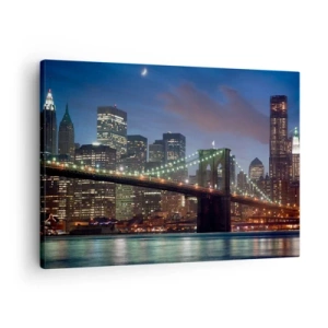 Schilderen op canvas - New York City Bridge bij nacht met verlichte gebouwen - 70x50cm - Gloeiende nacht - Moderne wanddecoratie voor woonkamer en slaapkamer ARTTOR