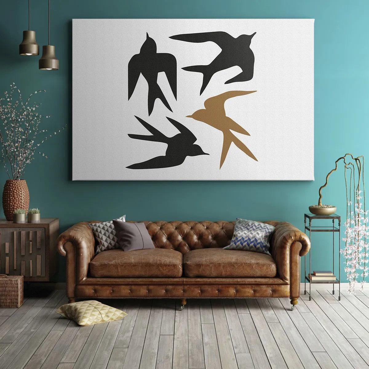 Schilderen op canvas - Silhouetten van zwaluwen in zwart en goud - 70x50cm - Zwaluwen spel - Moderne wanddecoratie voor woonkamer en slaapkamer ARTTOR