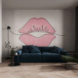 Fotobehang Standard Eco - Minimalistische tekening van roze lippen - 100x70cm - Klaar om te kussen? - Moderne wanddecoratie voor woonkamer en slaapkamer ARTTOR