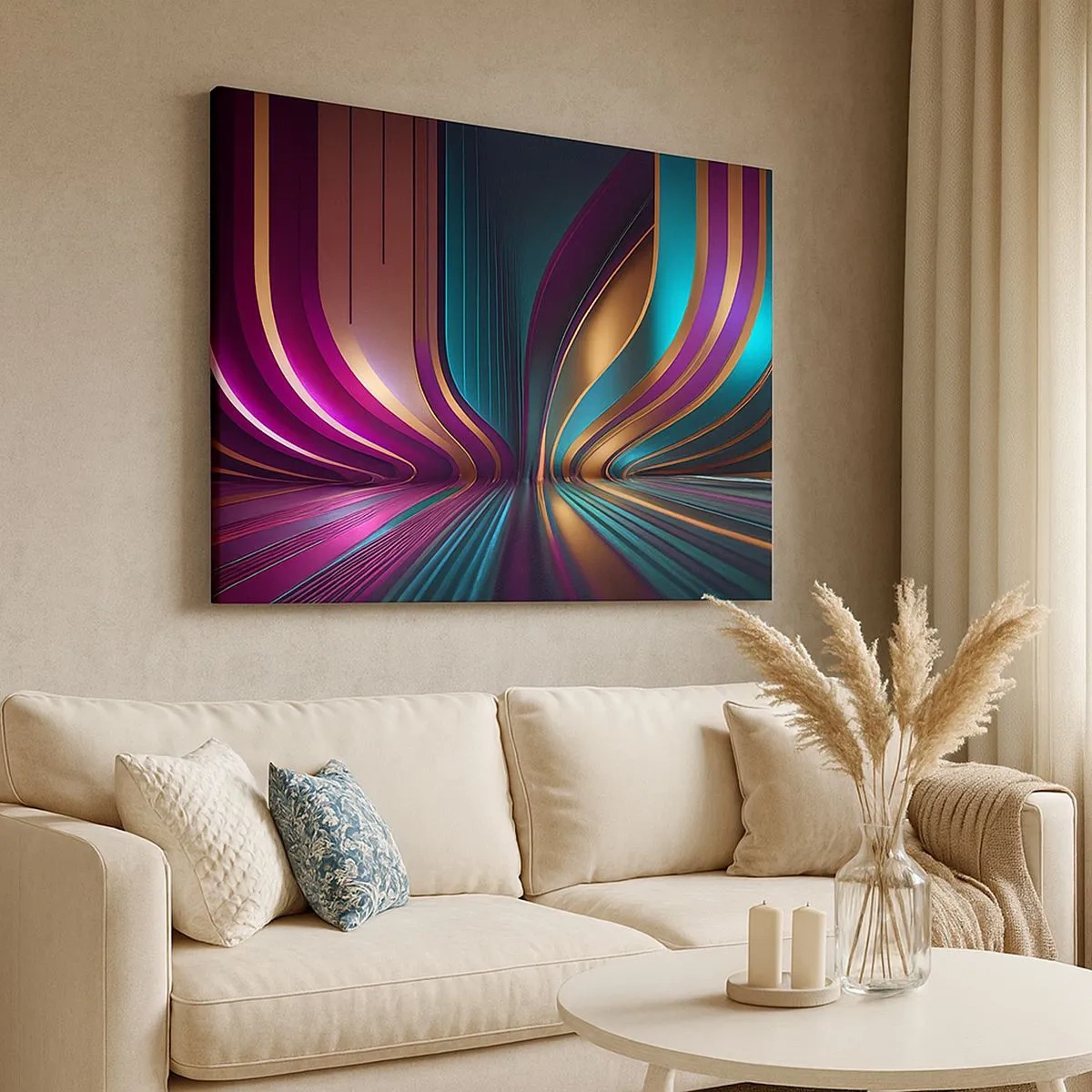 Schilderen op canvas - Futuristische abstractie met intense kleuren en rondingen - 70x50cm - Architectuur van licht - Moderne wanddecoratie voor woonkamer en slaapkamer ARTTOR