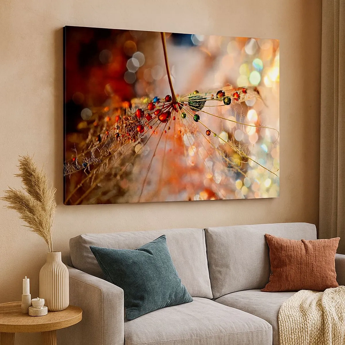 Schilderen op canvas - Macrofotografie van een druppel water op een tere plant - 70x50cm - Geregen op een spinnendraad - Moderne wanddecoratie voor woonkamer en slaapkamer ARTTOR