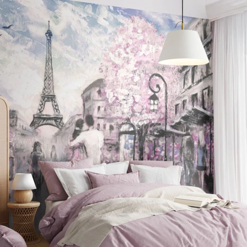 Zelfklevend Fotobehang Deluxe Sticker - Hoe verliefd te worden is alleen in ... - Stad, Eiffeltoren, Parijs - 450x315 cm