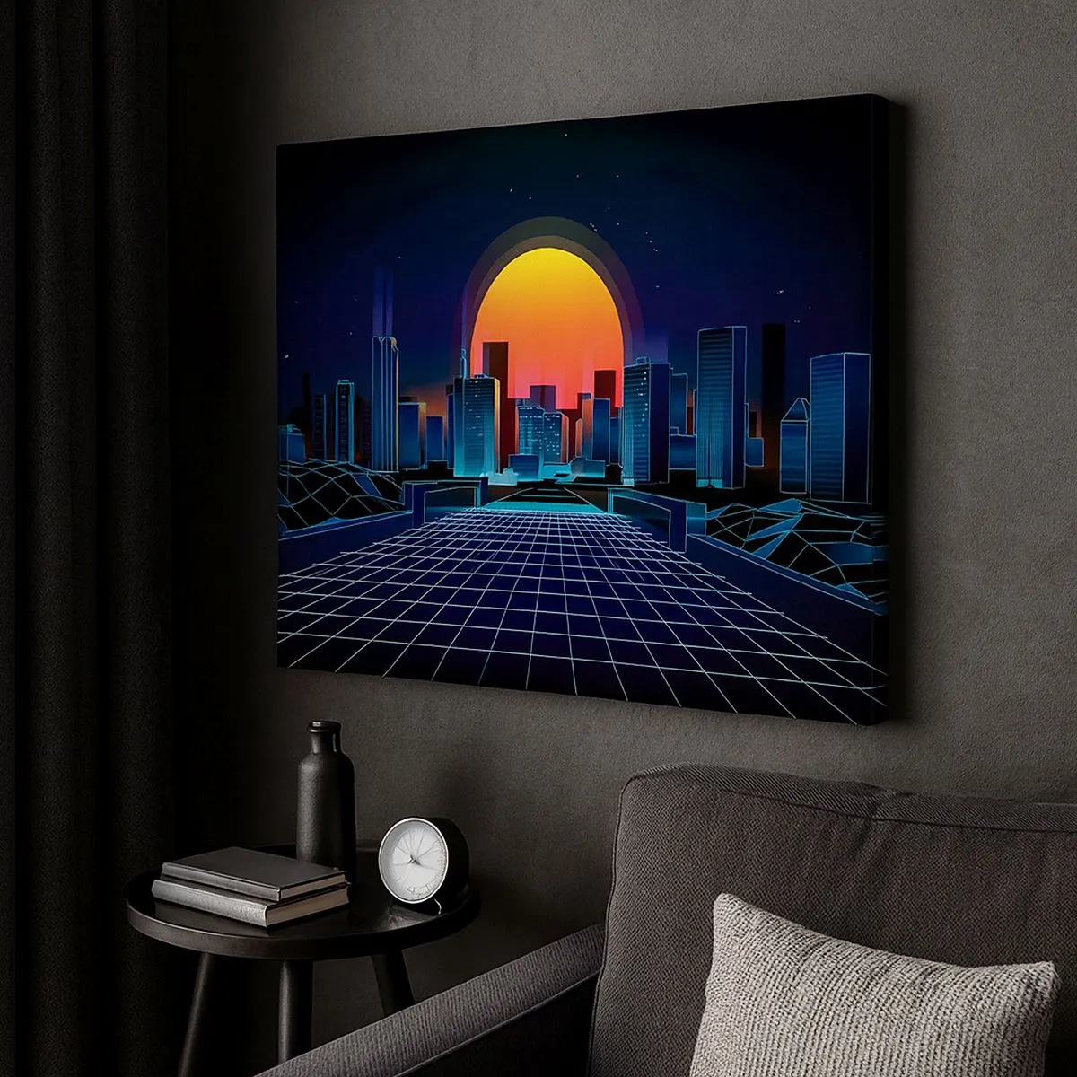 Schilderen op canvas - Futuristische skyline in neonstijl - 70x50cm - Wil je nog steeds naar het echte? - Moderne wanddecoratie voor woonkamer en slaapkamer ARTTOR