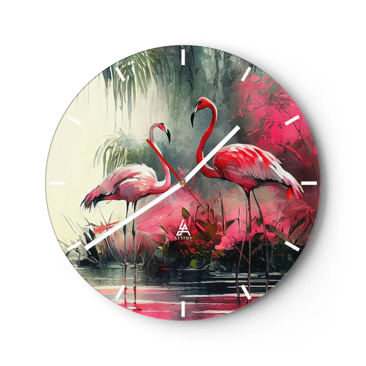 Wandklok - Klok - Twee flamingo's in een exotische, roze omgeving - 30x30cm - Een les in natuurlijke gratie - Moderne wanddecoratie voor woonkamer, keuken en slaapkamer ARTTOR