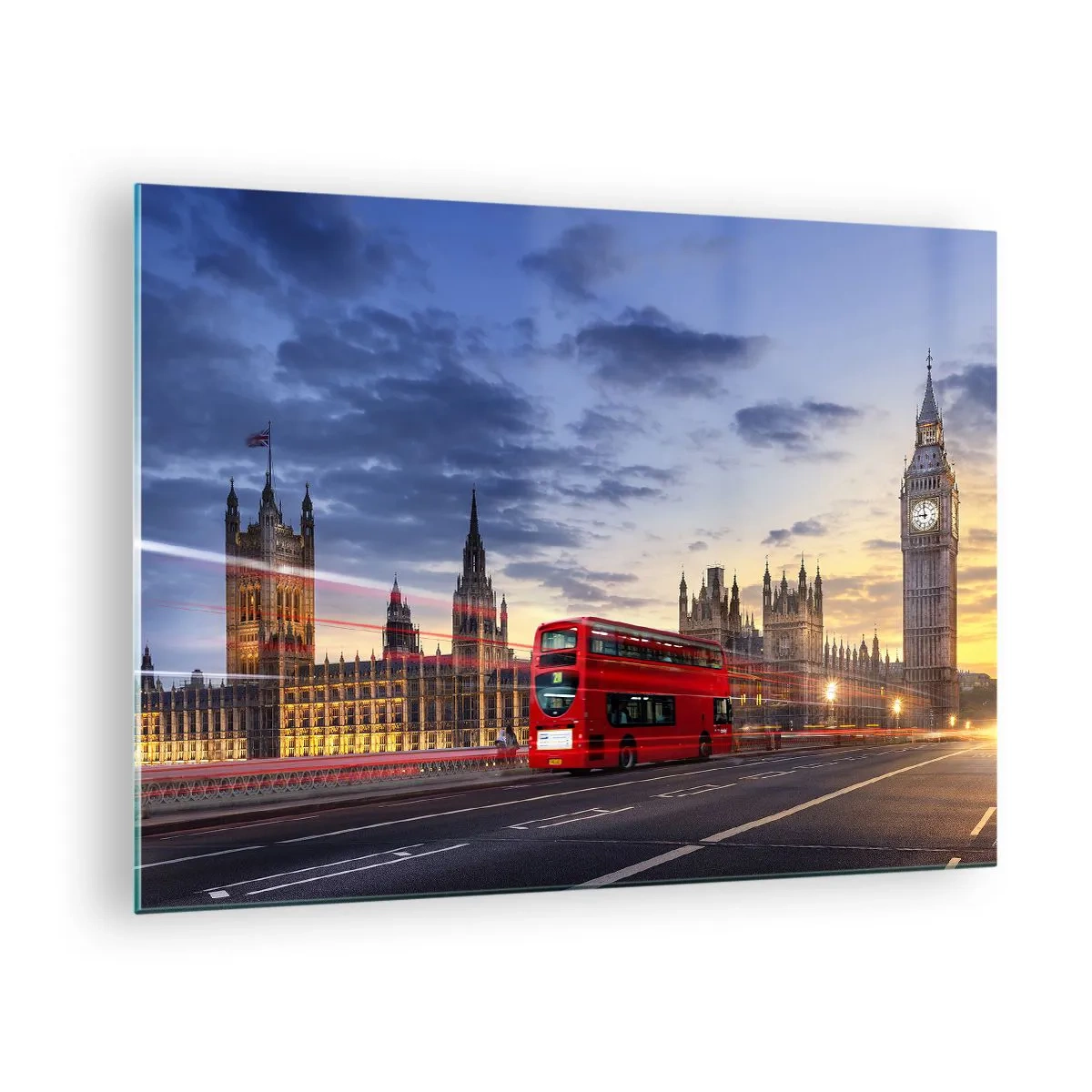 Schilderen op glas - Big Ben en de rode bus in Londen bij zonsondergang - 70x50cm - Speciale tekens - Moderne wanddecoratie voor woonkamer en slaapkamer ARTTOR